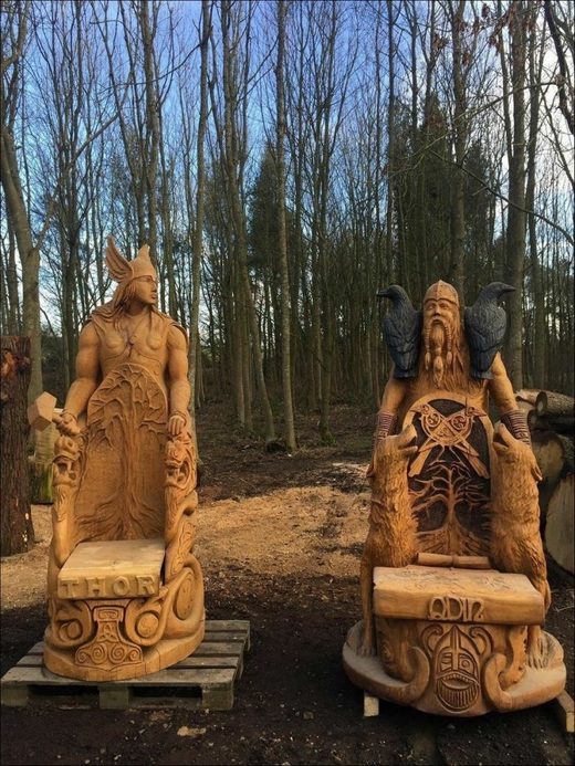 Chainsaw carved Thor and Odin throne